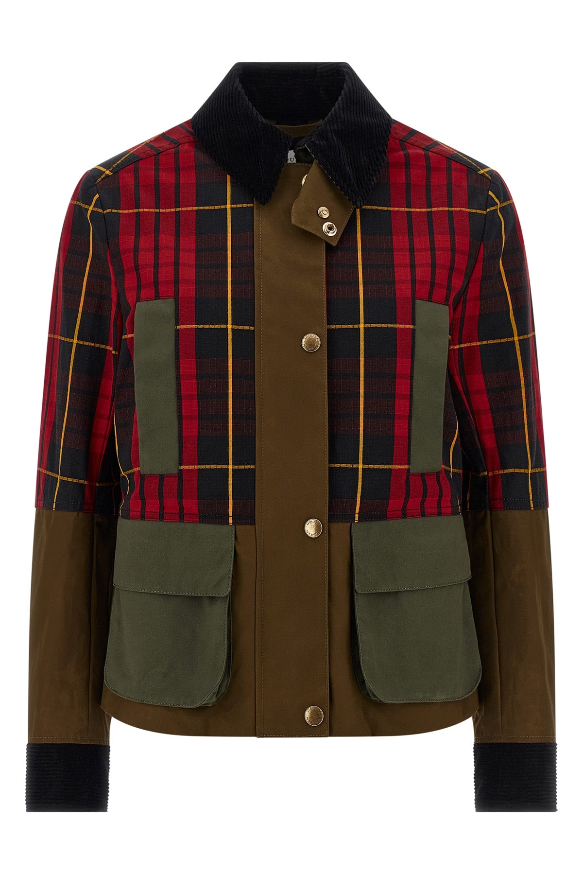 solid color waxed cotton jacket and tartan ripstop panels