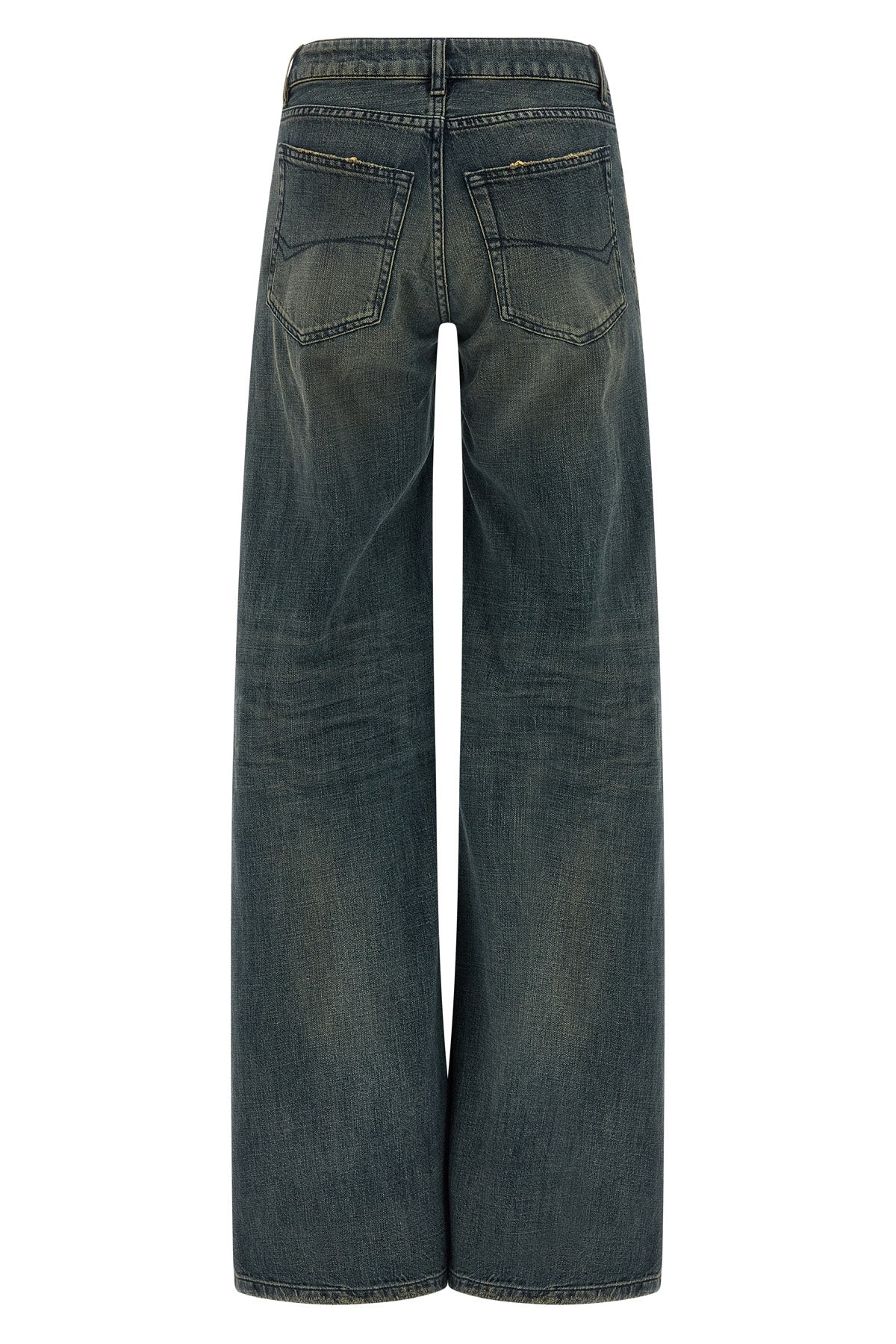 a gamba ampia jeans in washed and worn effect cotton denim