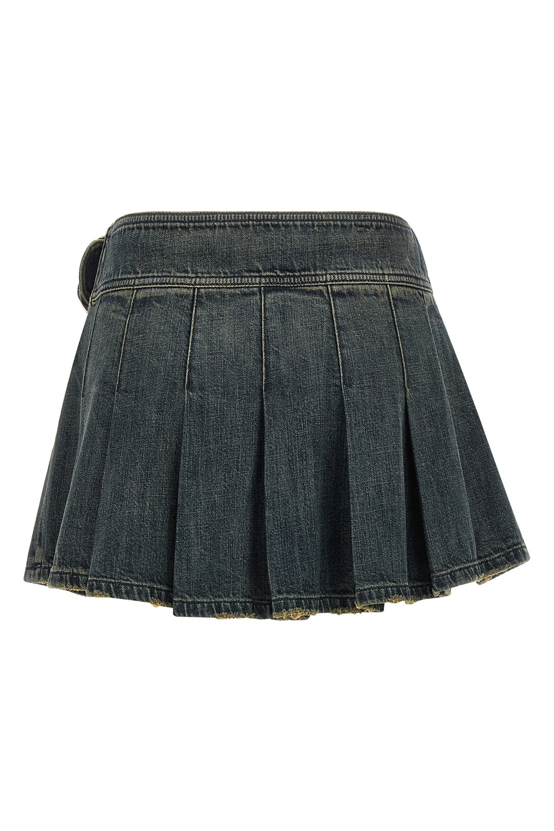 BALENCIAGA 40 buckle pleated flared and pleated skirt in stonewashed stretch cotton denim