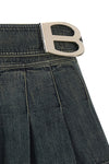 buckle pleated flared and pleated skirt in stonewashed stretch cotton denim
