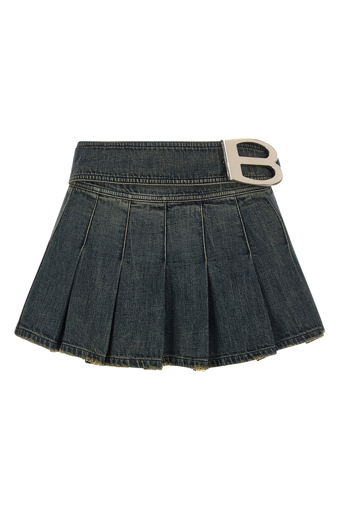 BALENCIAGA 40 buckle pleated flared and pleated skirt in stonewashed stretch cotton denim