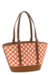 the small gucci woven fabric shopping bag has a flared shape defined by a contra