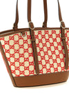 the small gucci woven fabric shopping bag has a flared shape defined by a contra