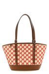 the small gucci woven fabric shopping bag has a flared shape defined by a contra
