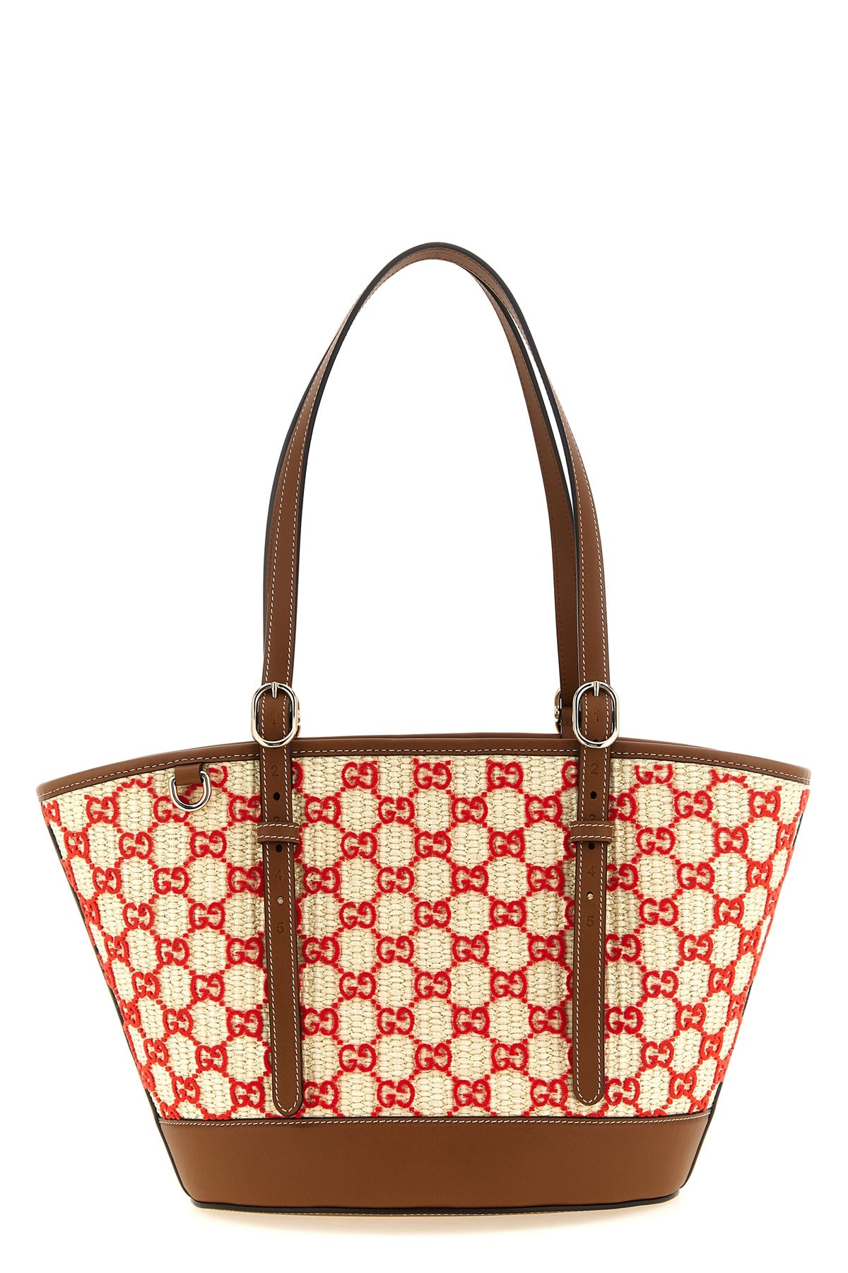 the small gucci woven fabric shopping bag has a flared shape defined by a contra