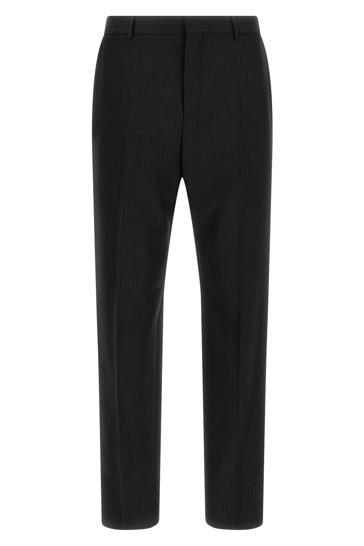 pinstriped patterned wool trousers