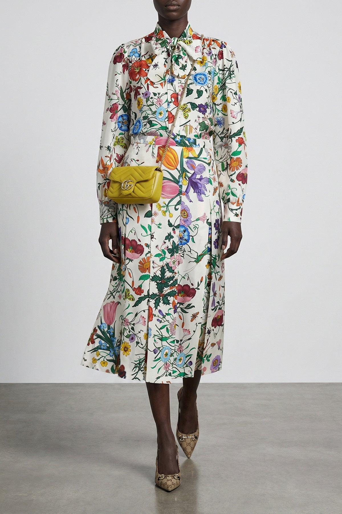 midi skirt in all-over gucci flora print silk twill