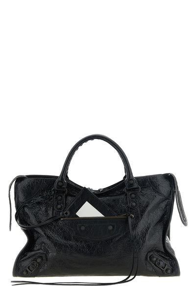 the balenciaga le city media handbag is made of high-quality black arena lambs