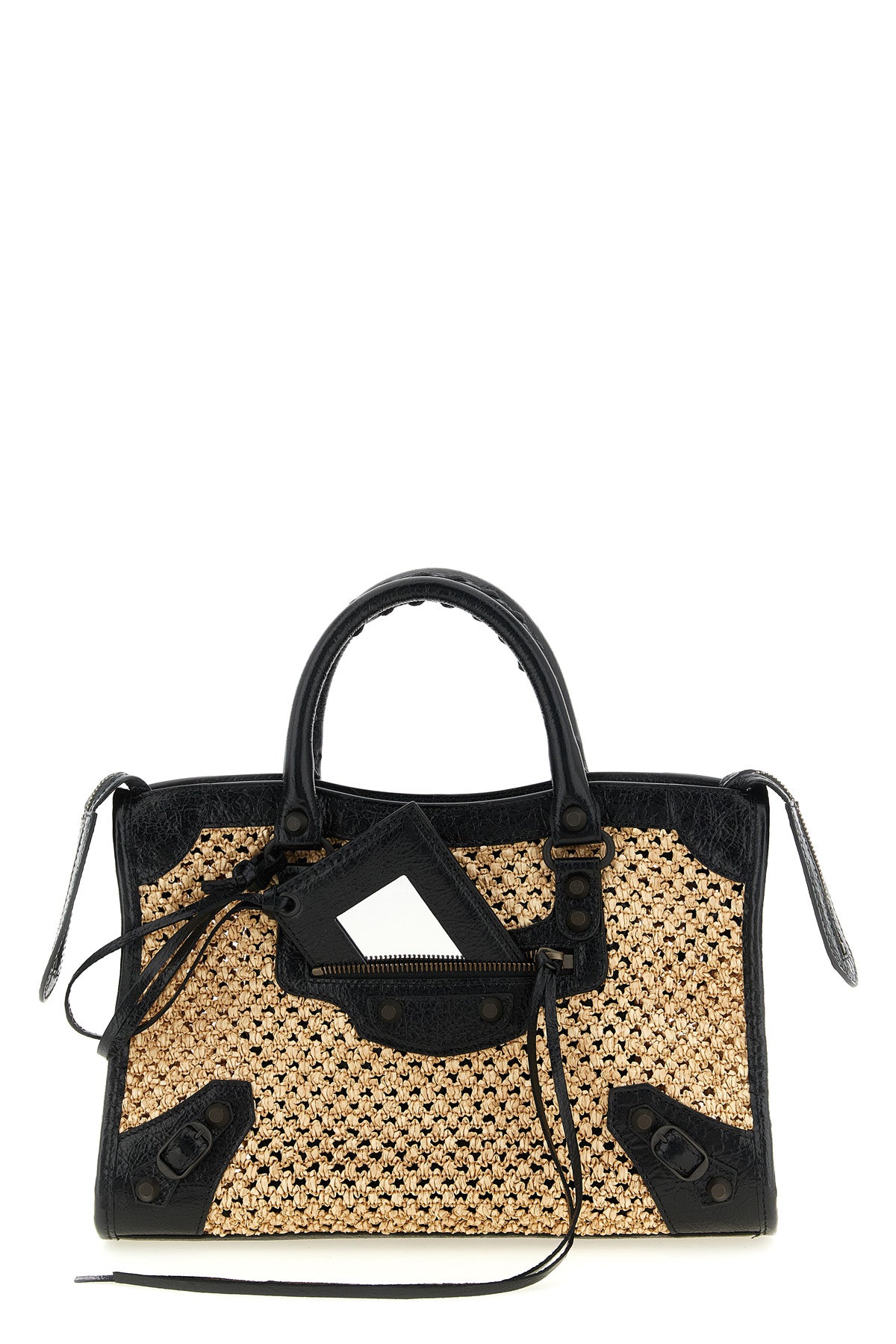 le city s handbag in perforated woven raffia and arena lambskin