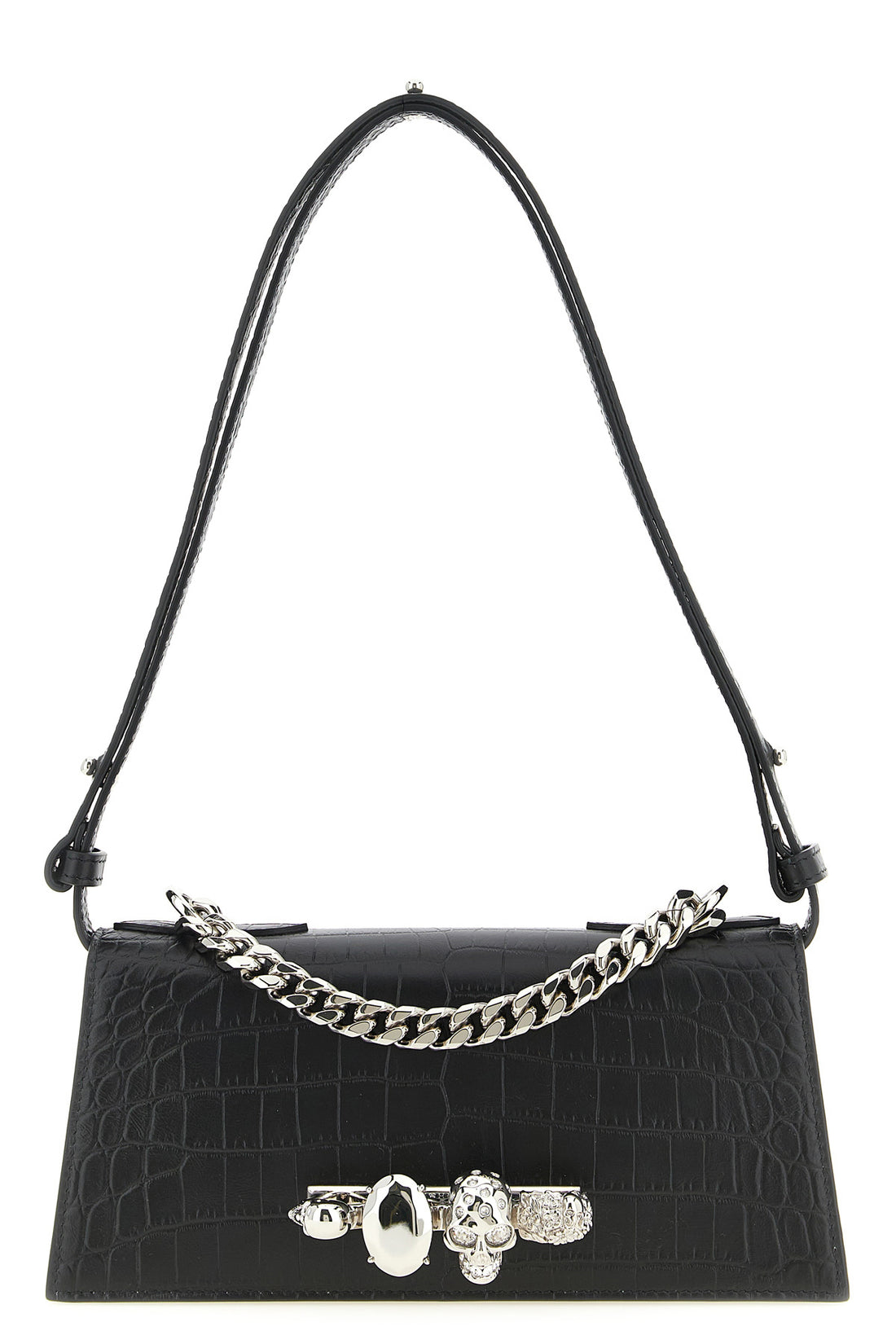 MCQUEEN OS jewelled mini shoulder bag in crocodile-effect embossed print calf leather