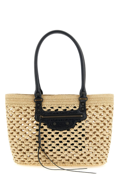 le city shoulder bag in woven raffia effect fabric and arena lambskin