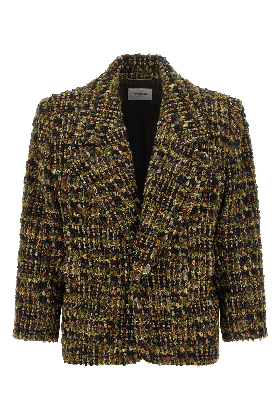 SAINT LAURENT 38 the saint laurent blazer stands out for a complex multicolored bouclé workmanshi