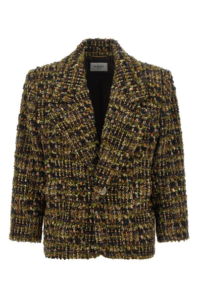 the saint laurent blazer stands out for a complex multicolored bouclé workmanshi