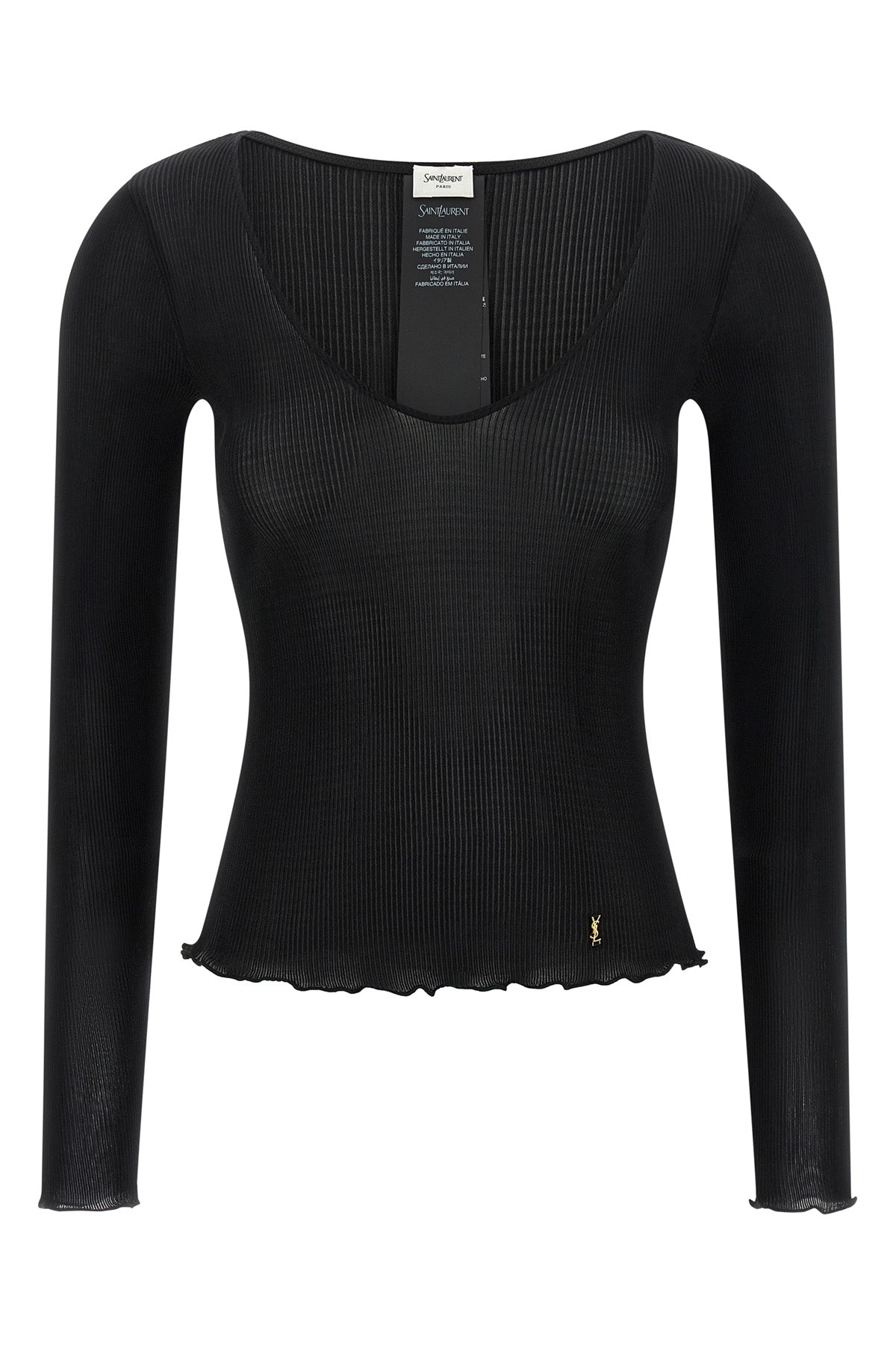 the saint laurent long-sleeved top is made of pure ribbed silk