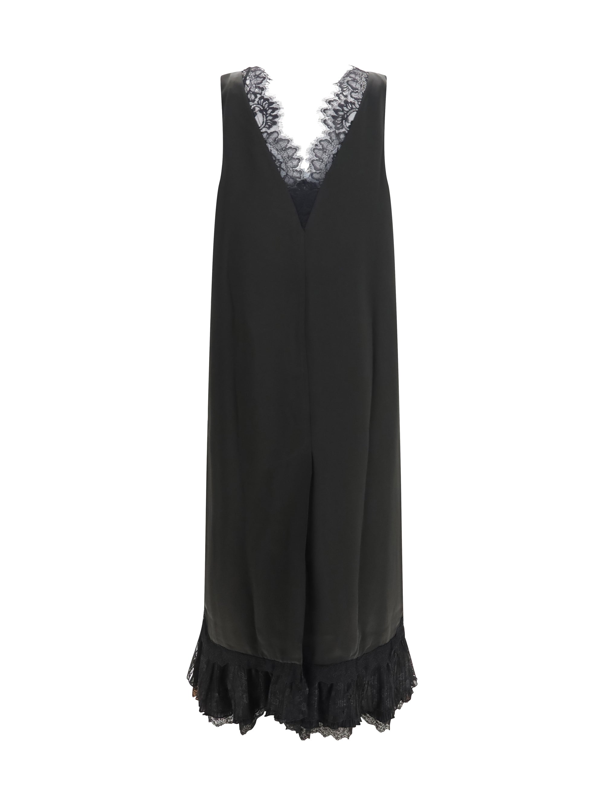 lace-trimmed satin long dress
