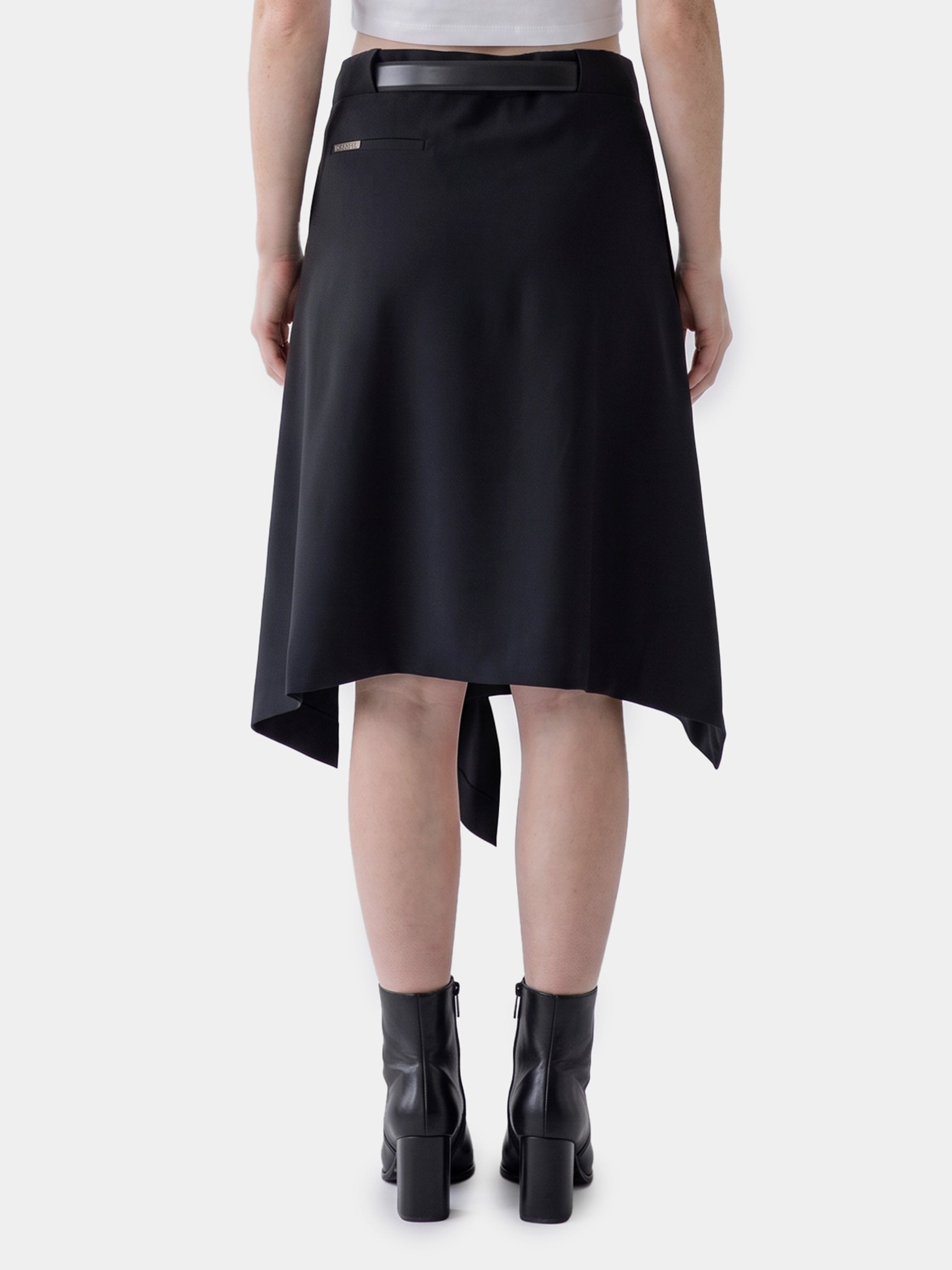 asymmetric midi skirt with belt