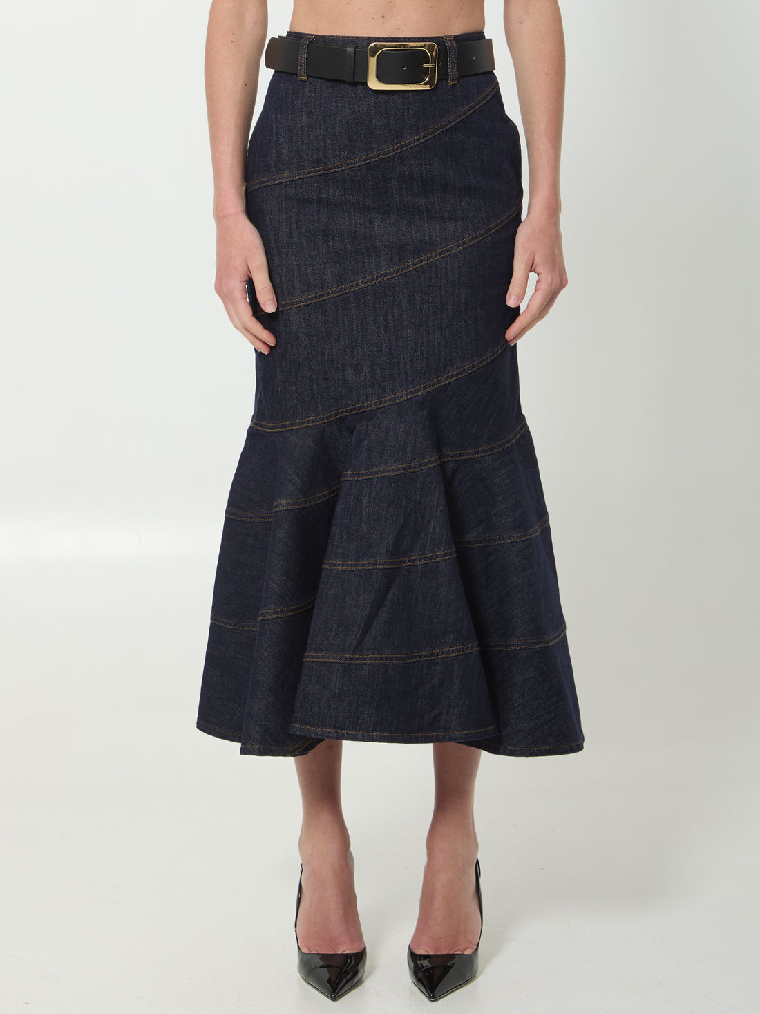 SELF PORTRAIT 10 indigo denim belted midi skirt 