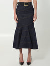 indigo denim belted midi skirt