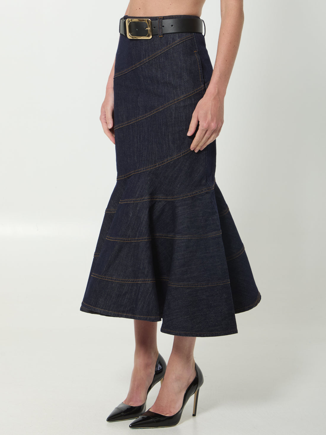 SELF PORTRAIT 10 indigo denim belted midi skirt 