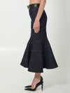indigo denim belted midi skirt