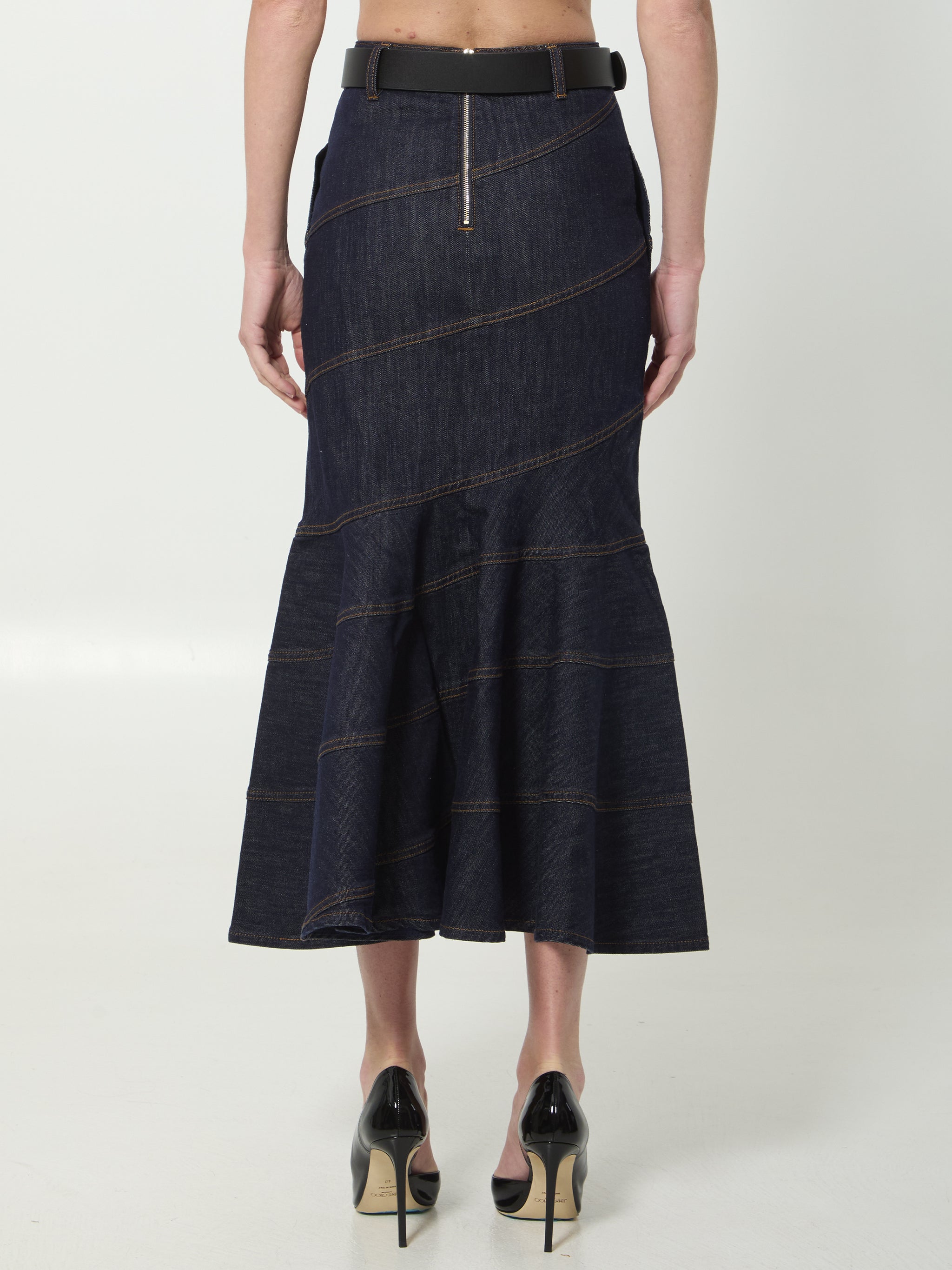 indigo denim belted midi skirt