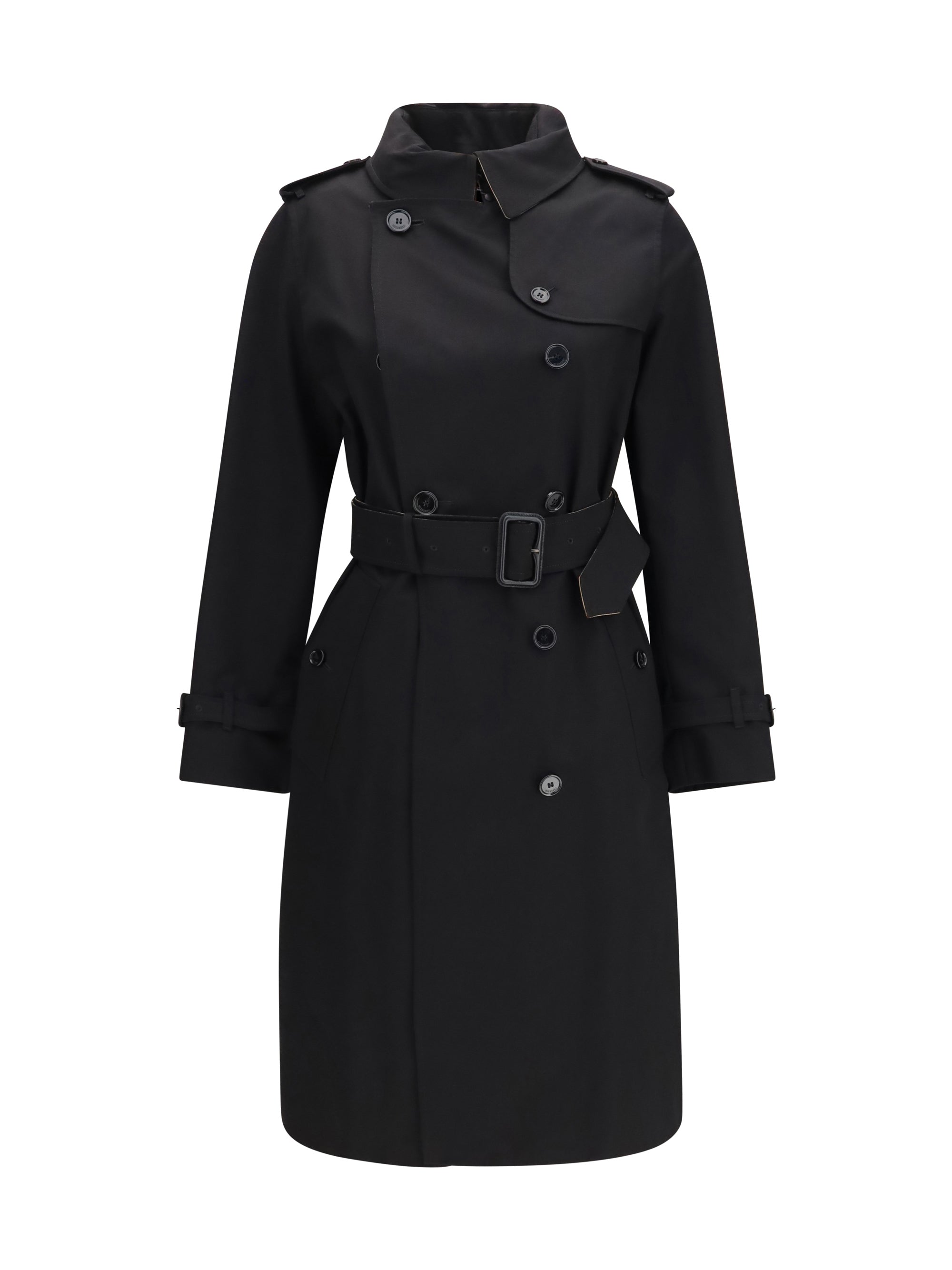 long gabardine trench coat with check collar