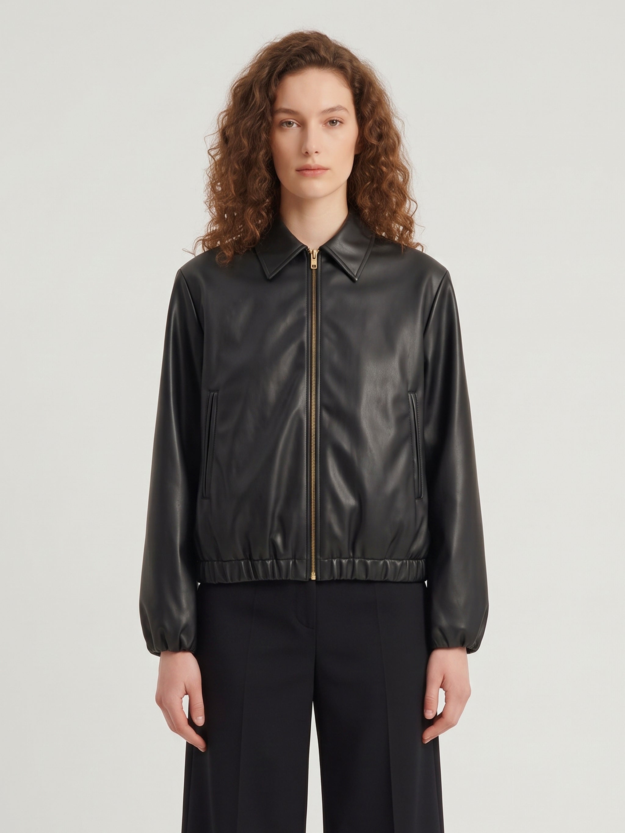 black faux leather cropped bomber