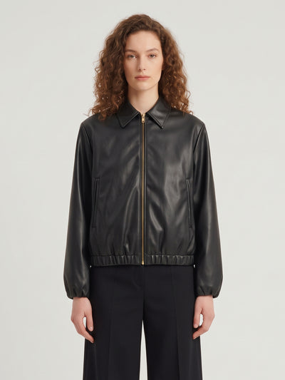 black faux leather cropped bomber