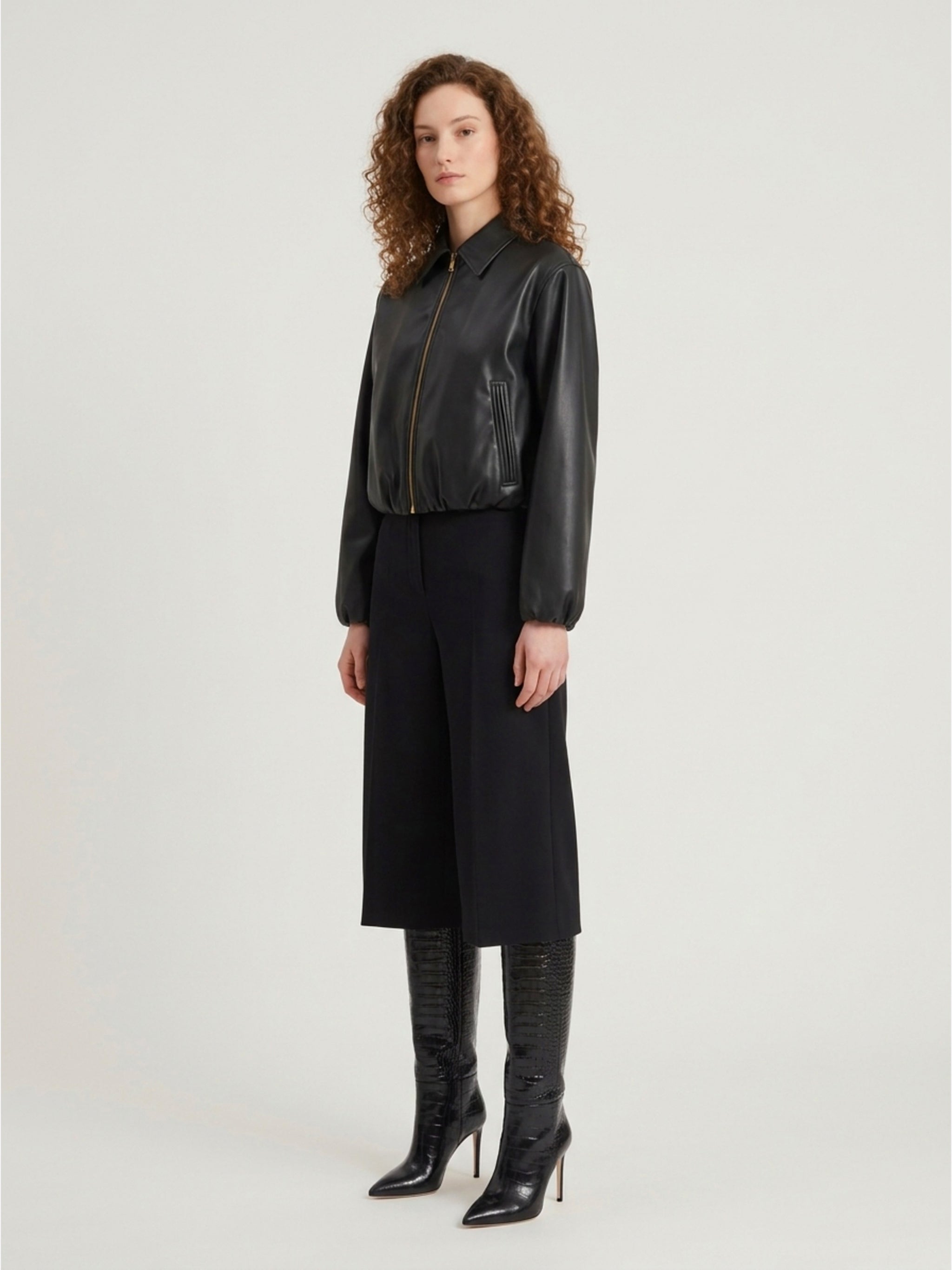 black faux leather cropped bomber