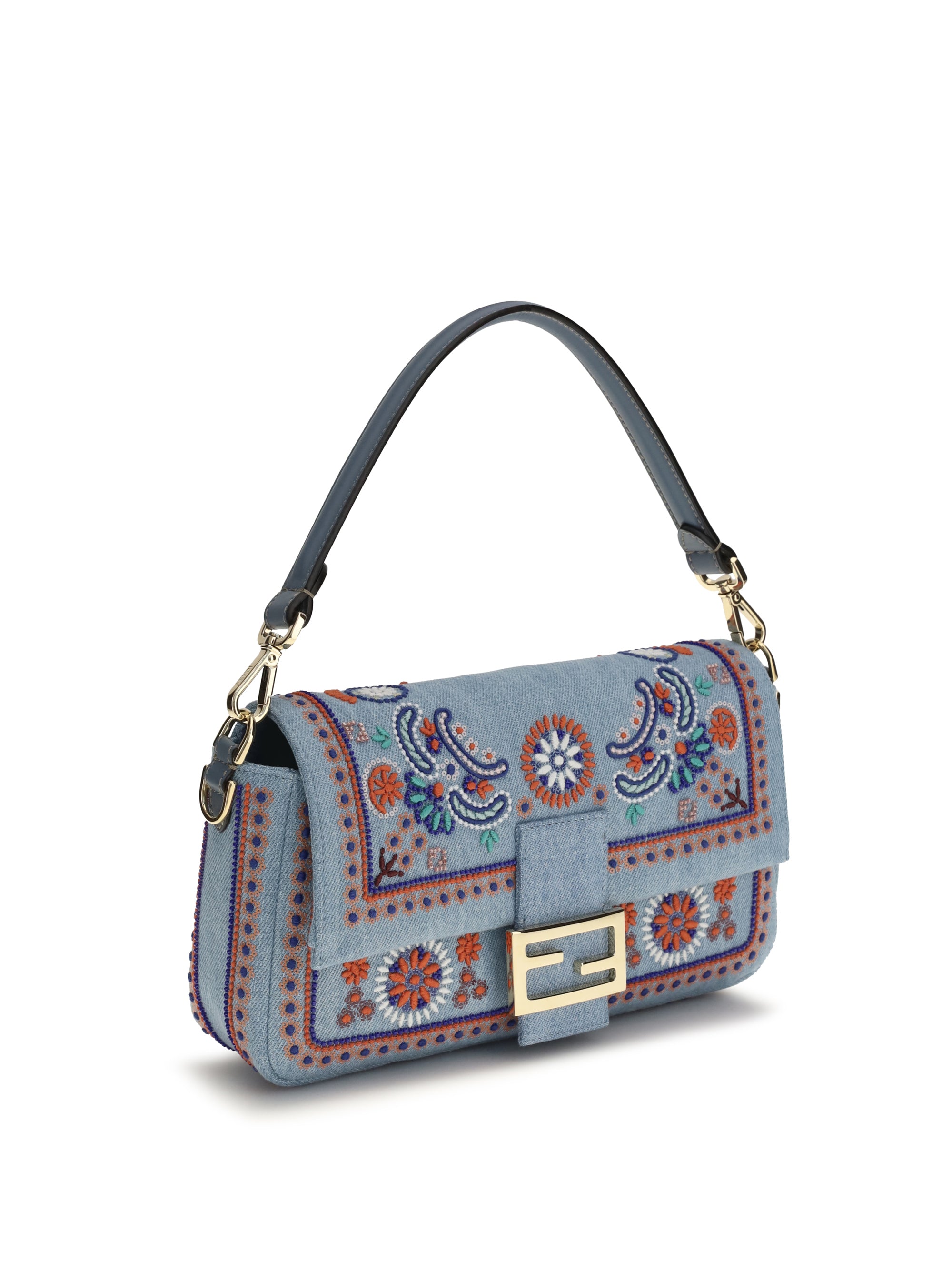 multicolor embroidered denim shoulder bag