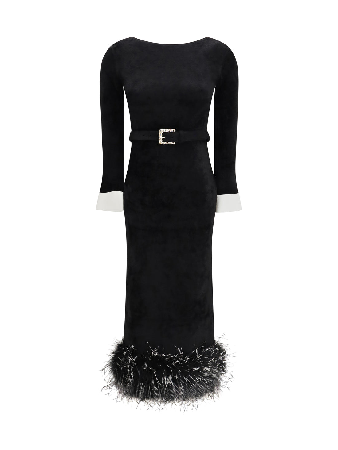 SELF-PORTRAIT L feather-trimmed chenille midi dress