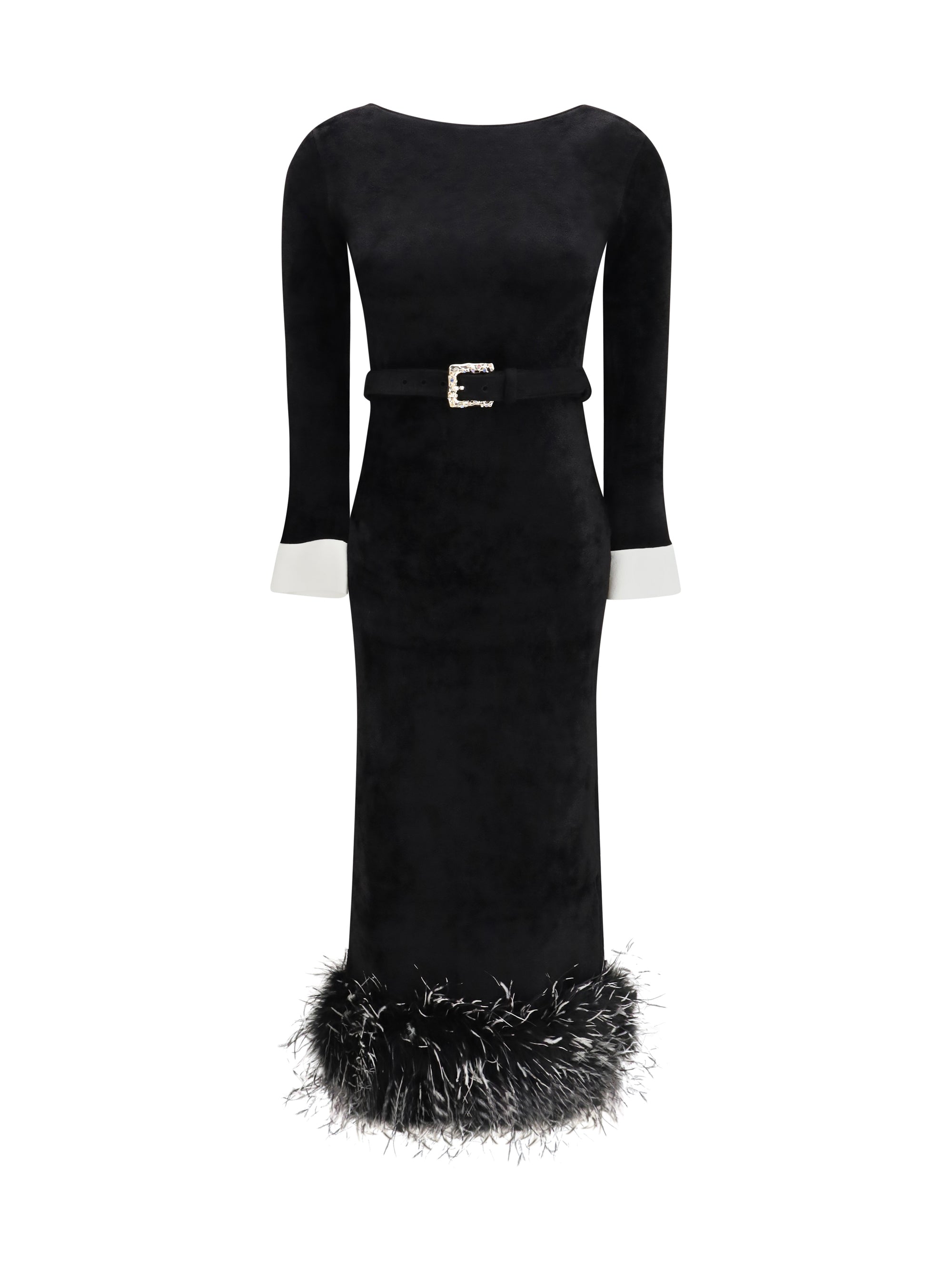 feather-trimmed chenille midi dress