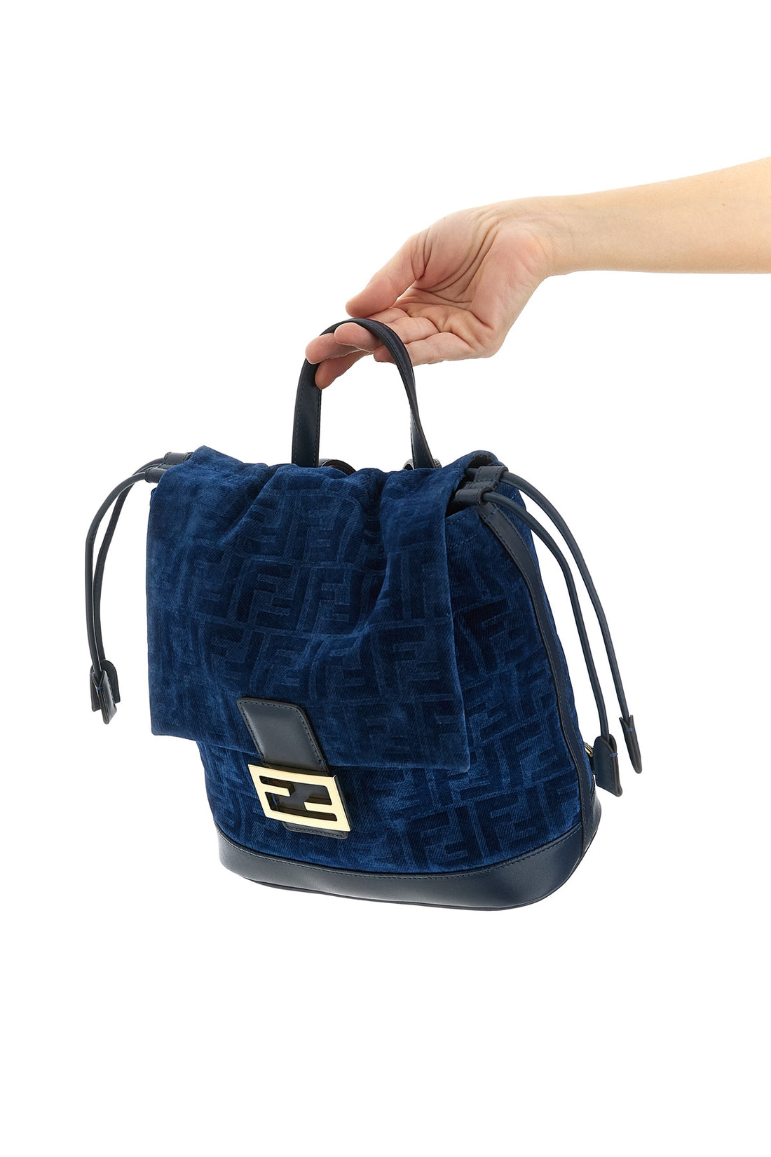 FENDI OS ff flocked cotton denim backpack and tone-on-tone smooth calf leather