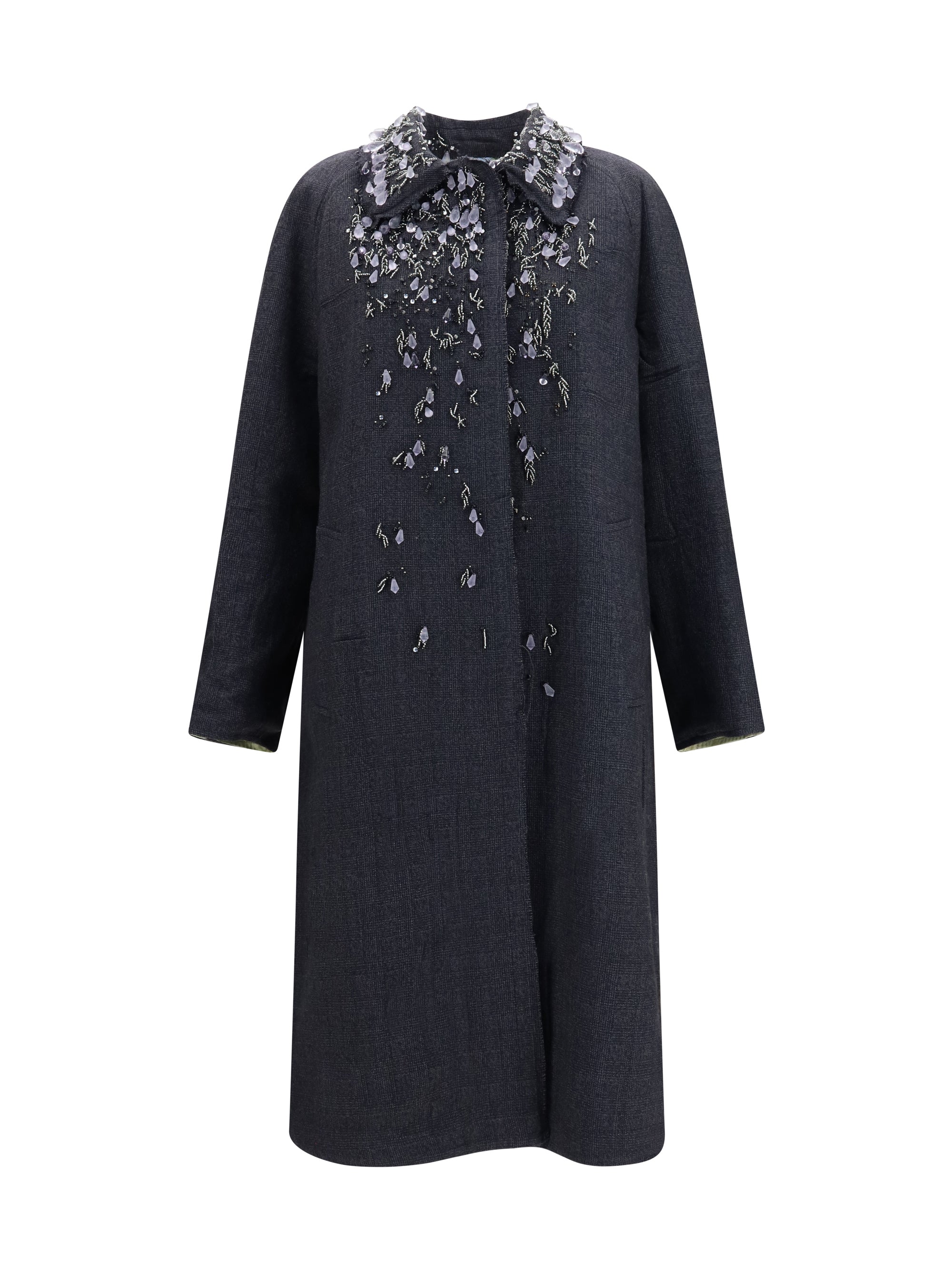 single-breasted mouliné prince of wales and embroidered twill coat