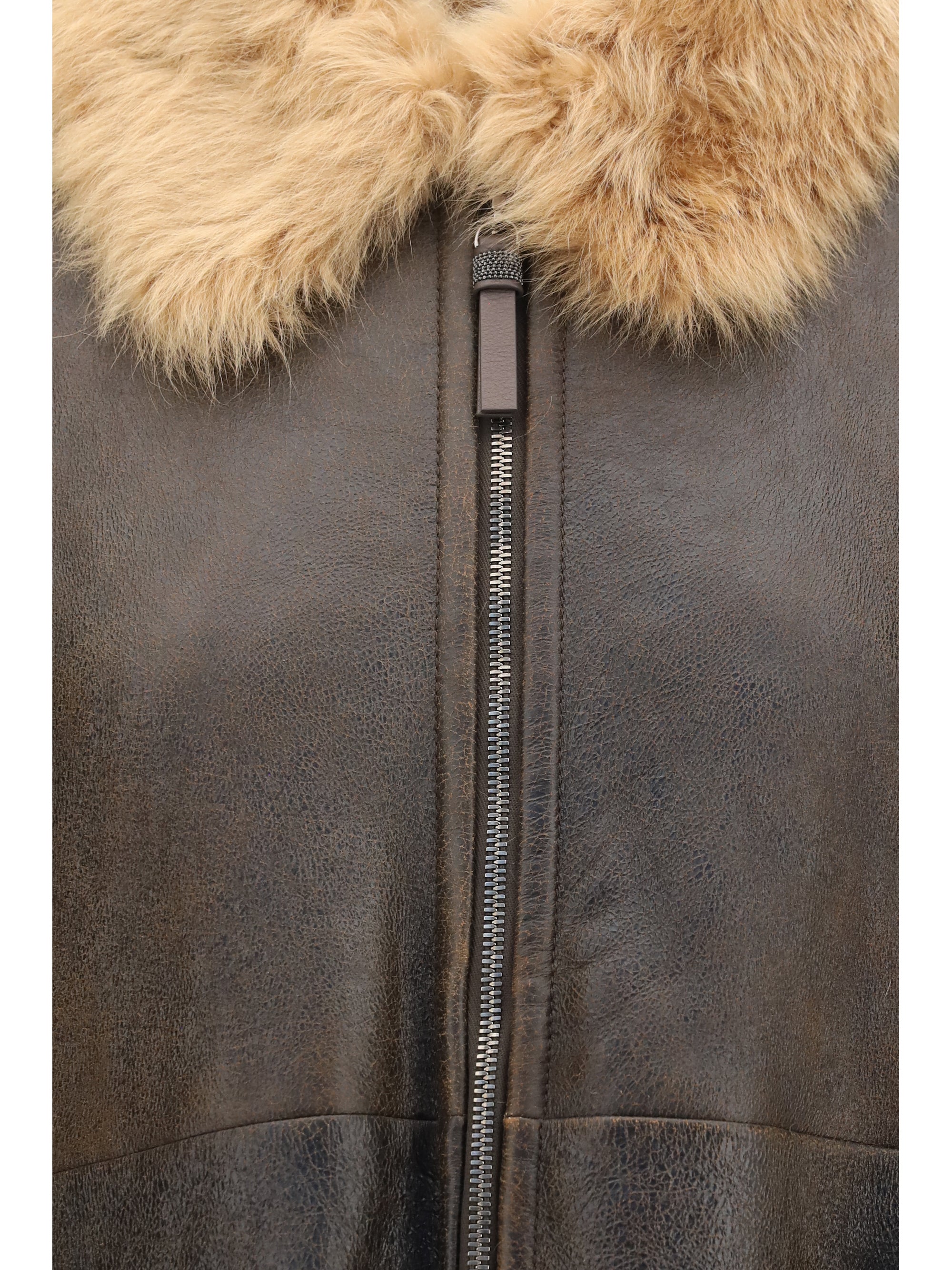 vintage-effect shearling bomber with shiny zipper pull
