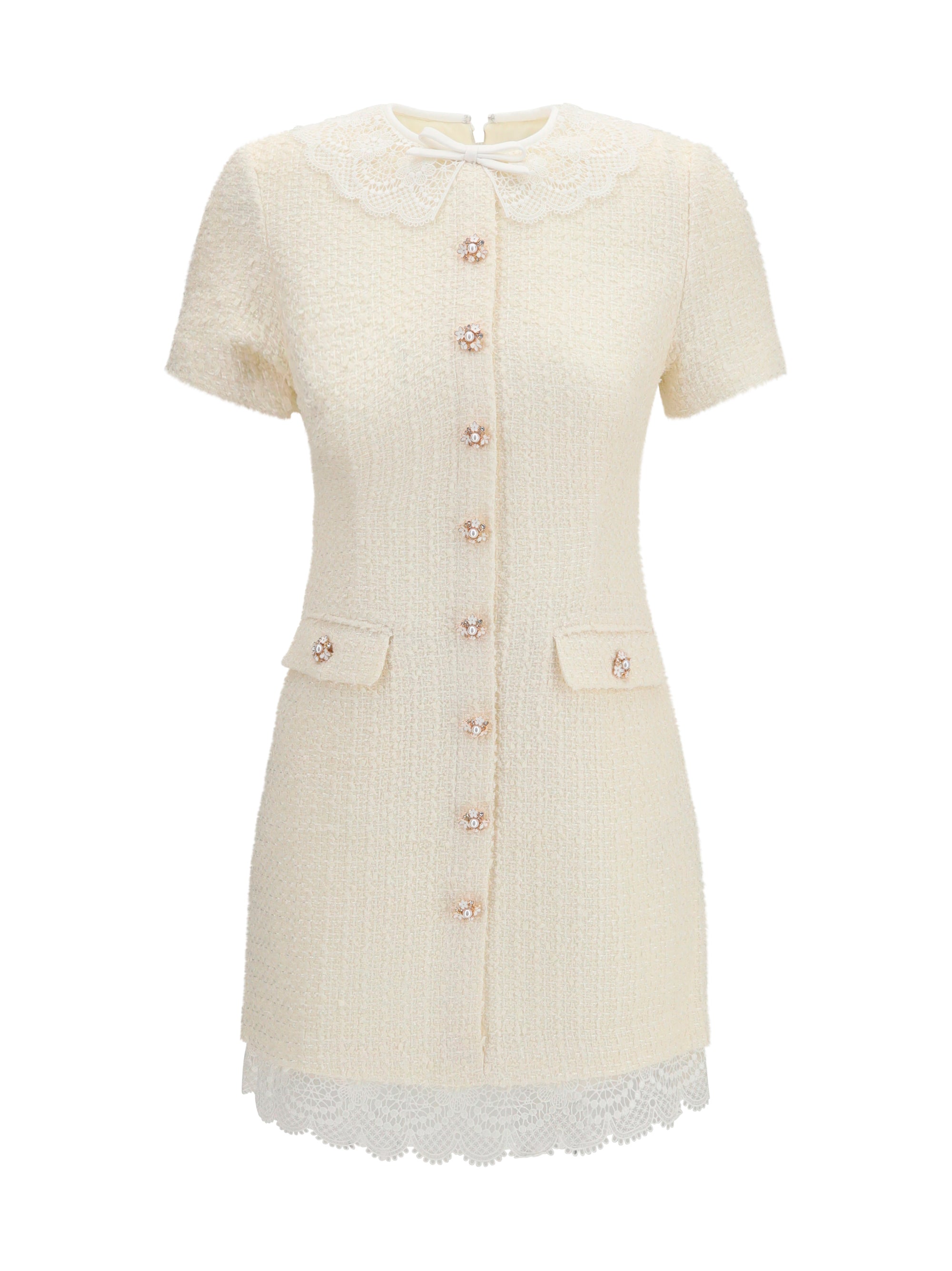 tailored mini dress with bouclé lace inserts