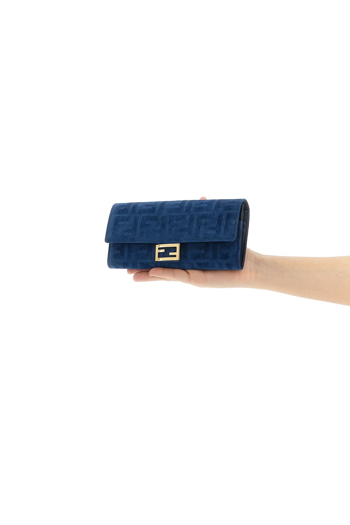 continental baguette wallet on chain in ff flocked texture denim