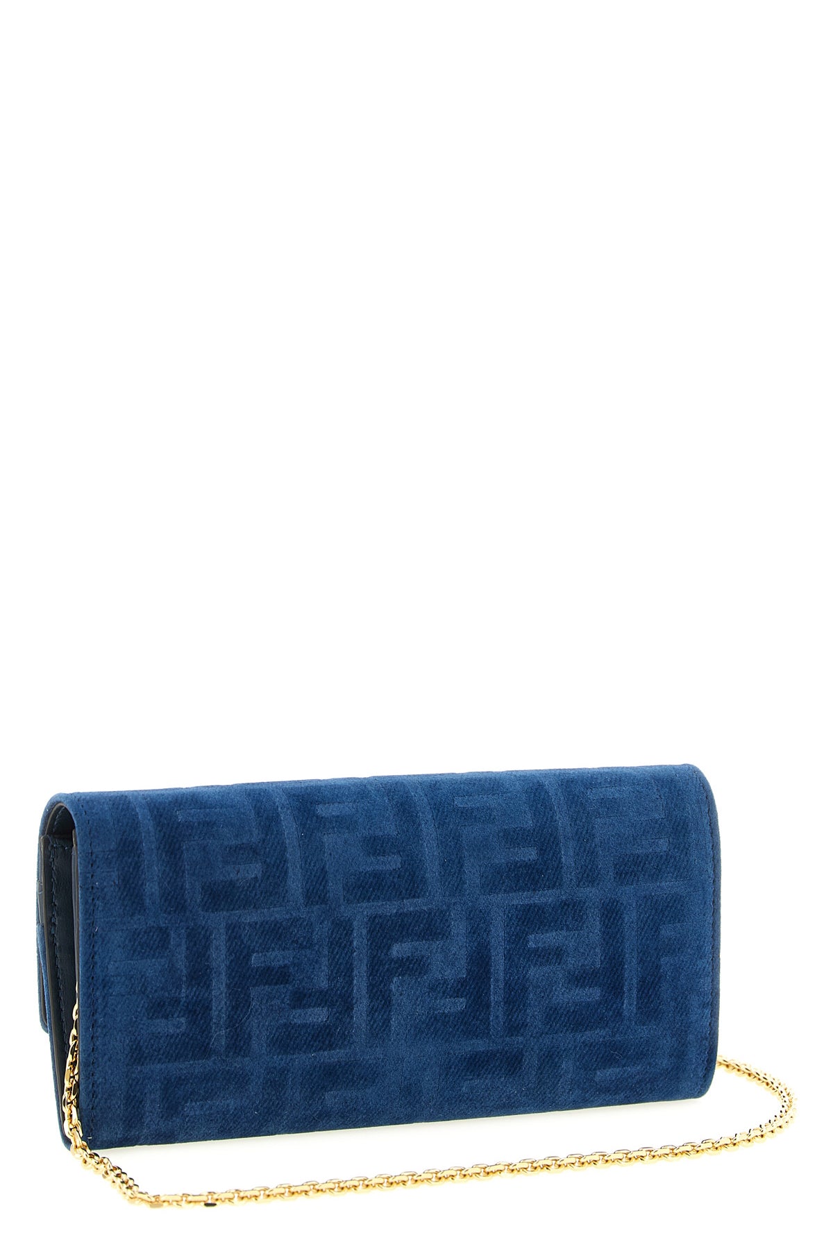continental baguette wallet on chain in ff flocked texture denim