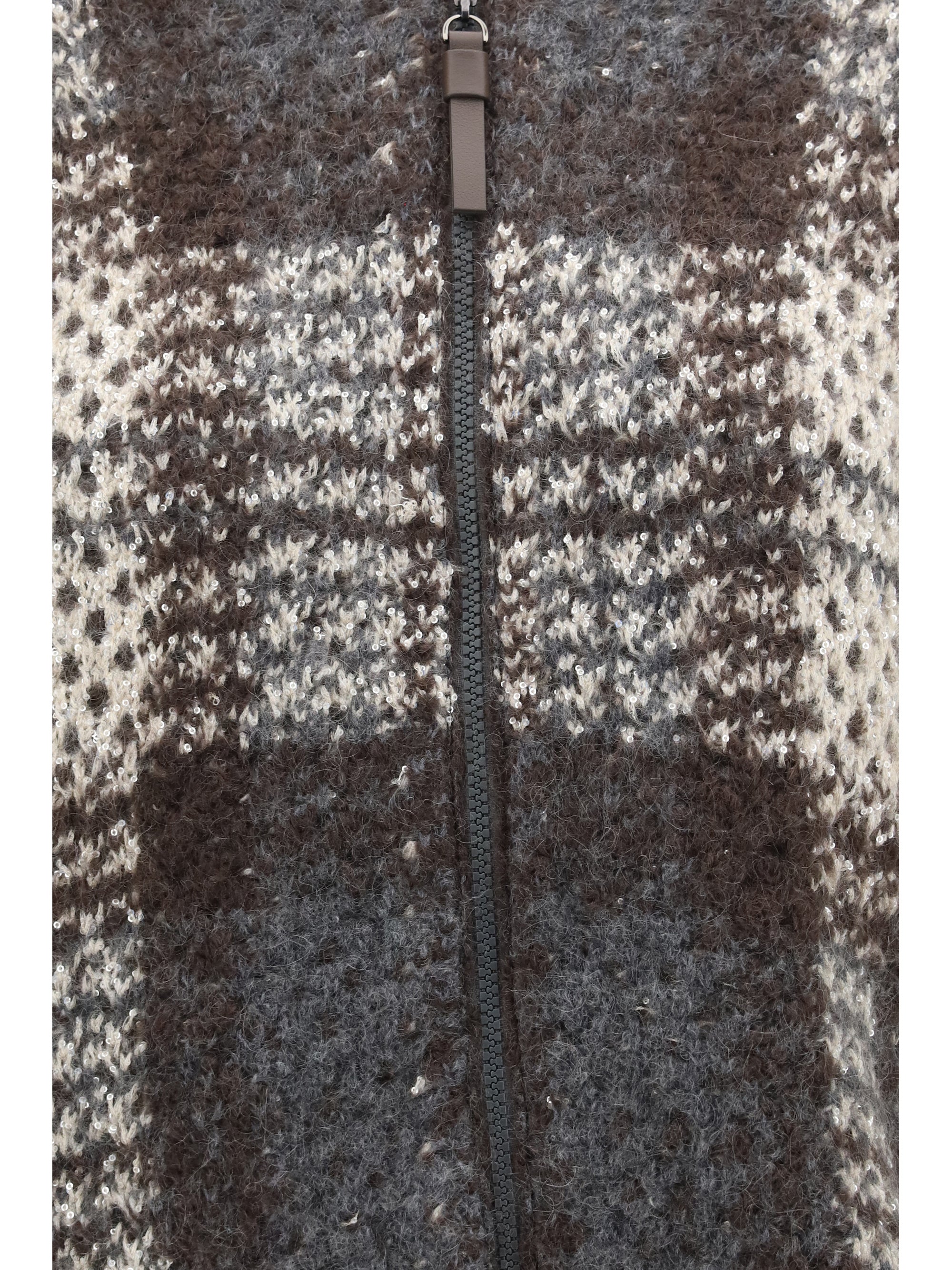 checked wool zip cardigan