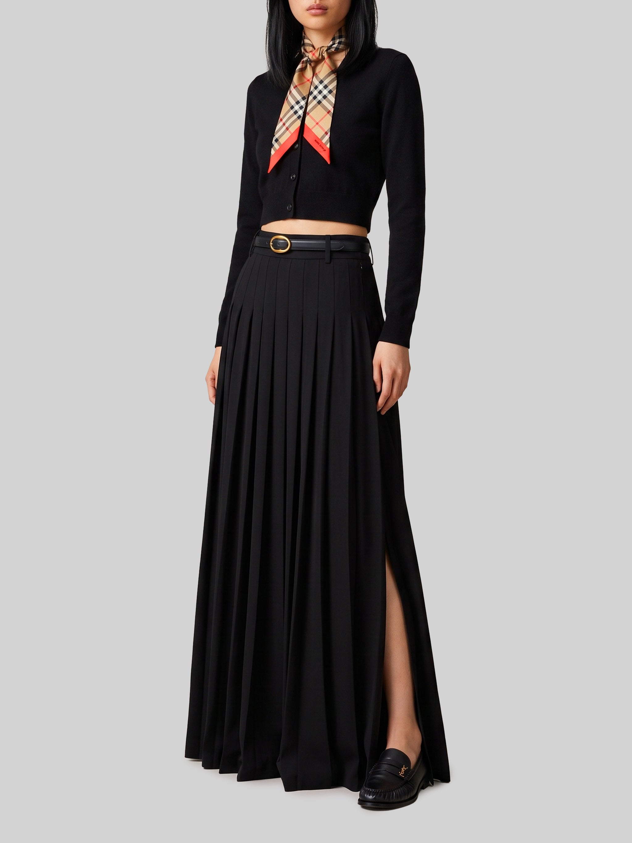black maxi pleated skirt