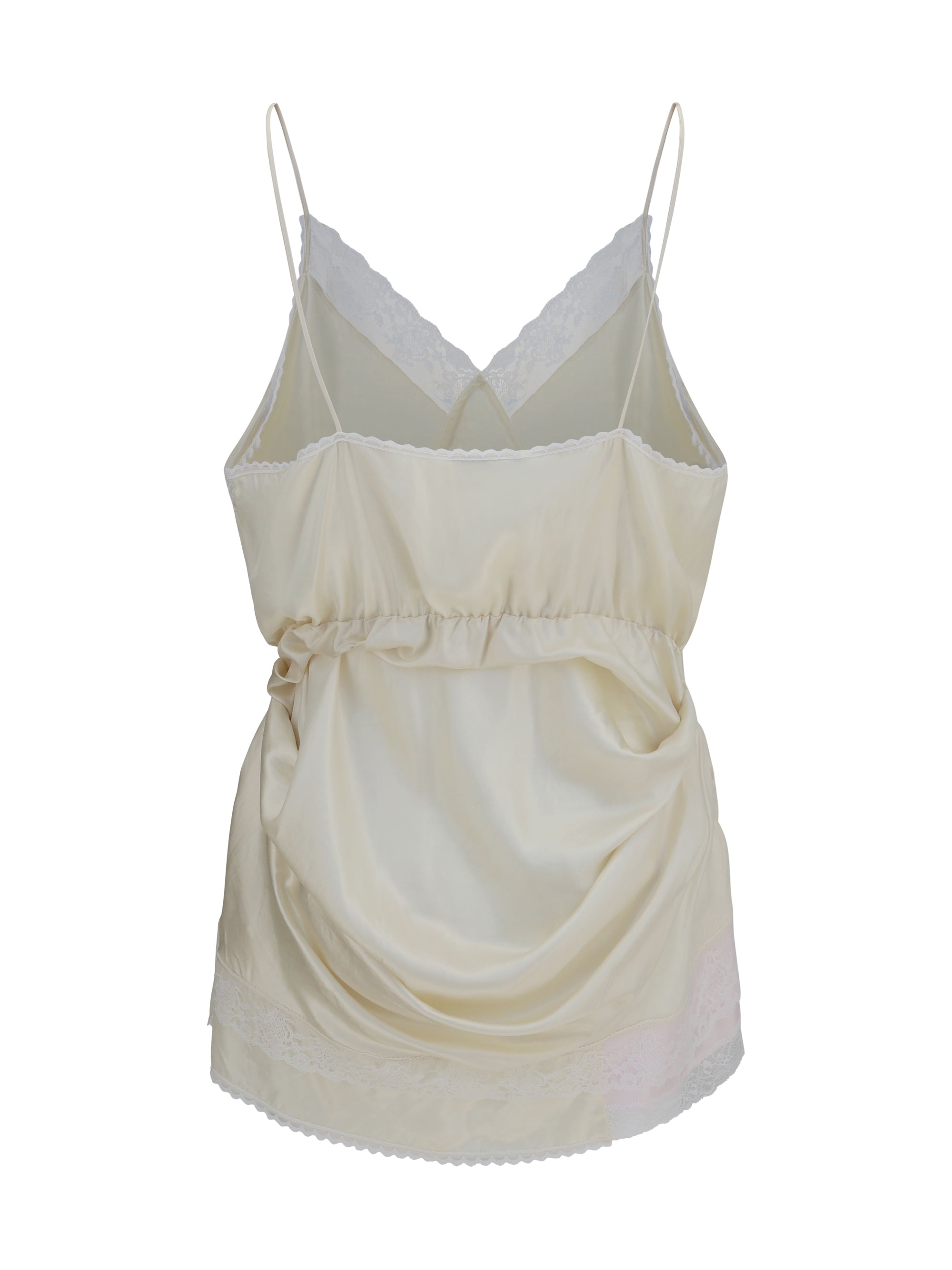slip dress with draping and lace inserts