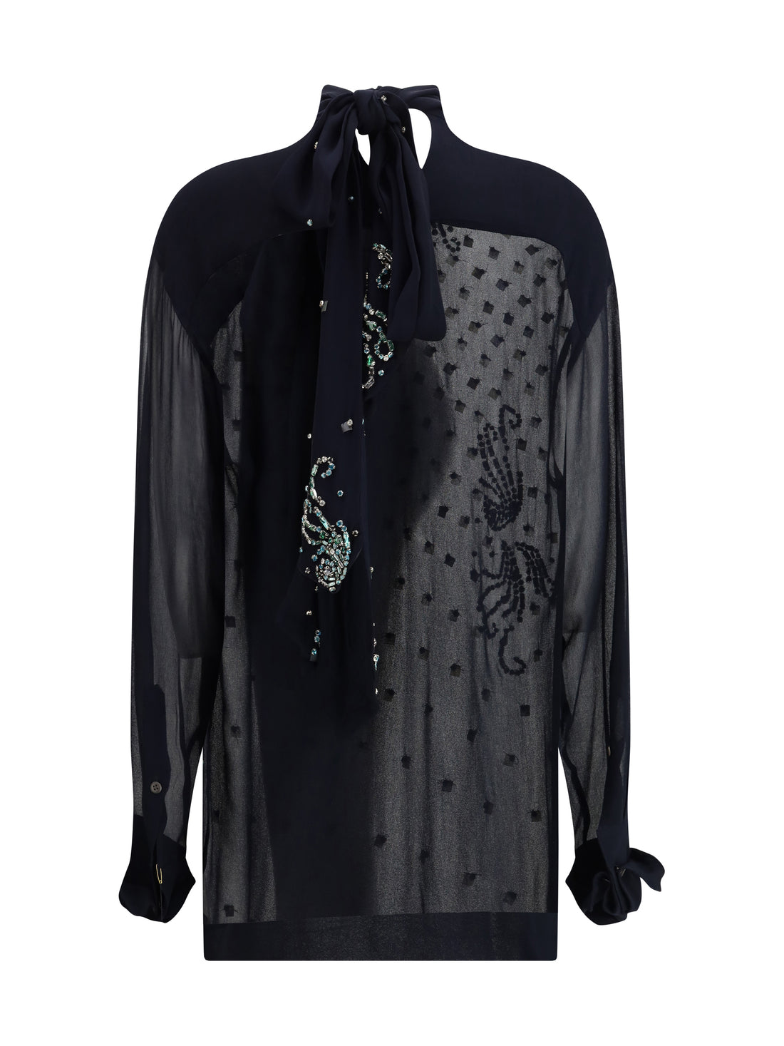 DRIES VAN NOTEN M viscose blouse with pussy-bow and jewelry embellishments
