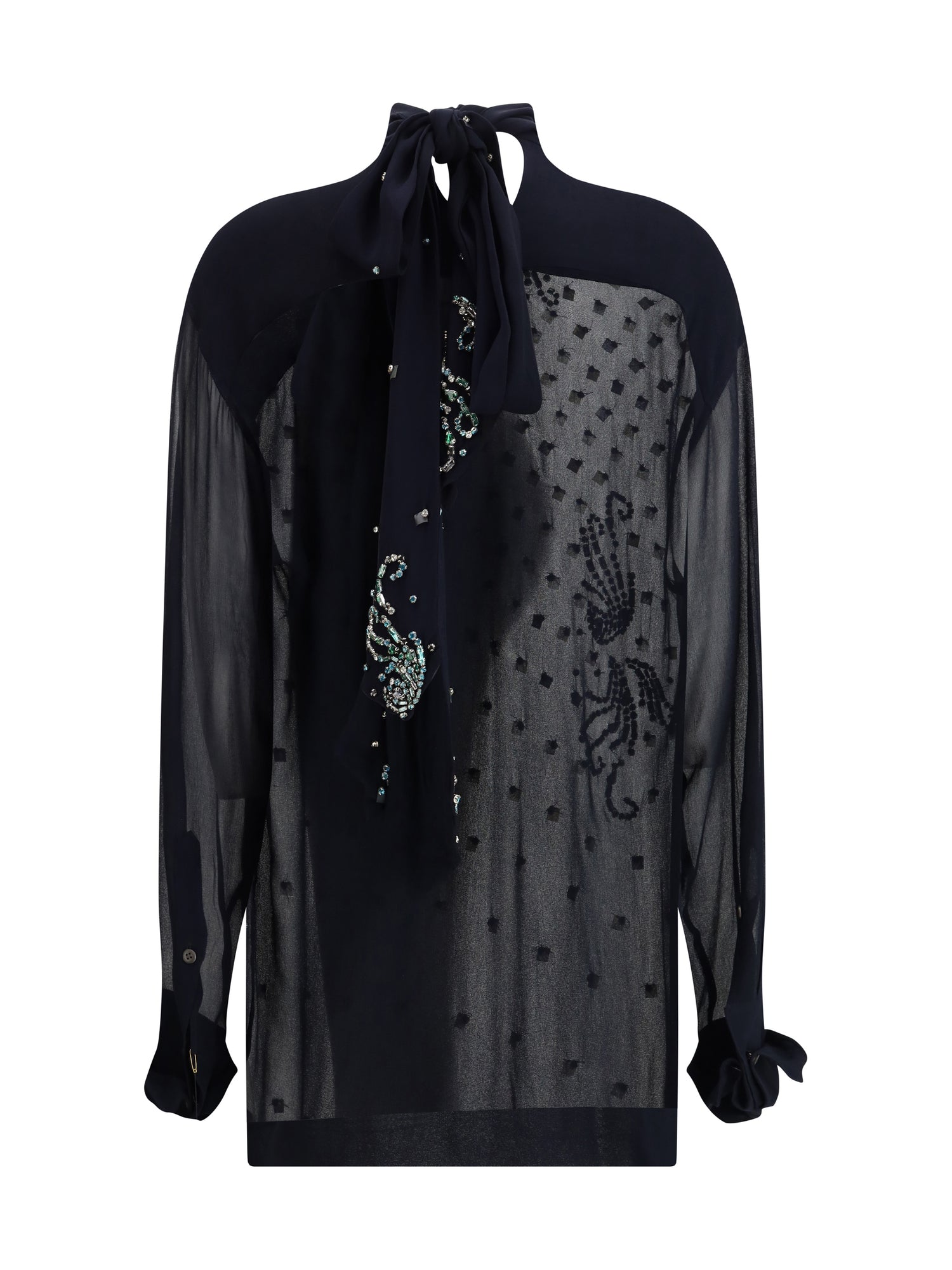 DRIES VAN NOTEN M viscose blouse with pussy-bow and jewelry embellishments
