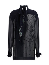DRIES VAN NOTEN M viscose blouse with pussy-bow and jewelry embellishments