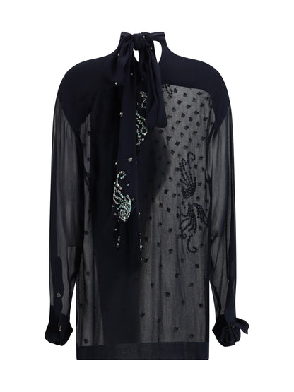DRIES VAN NOTEN M viscose blouse with pussy-bow and jewelry embellishments