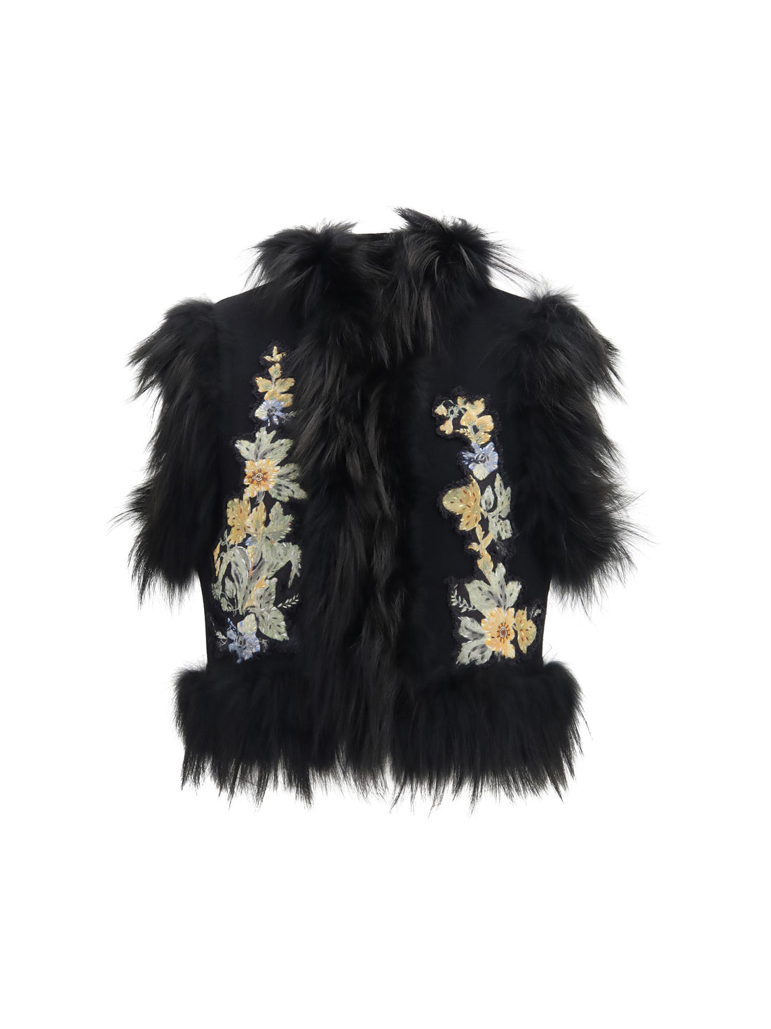 FENDI 40 virgin wool vest with fur collar and floral embroidery