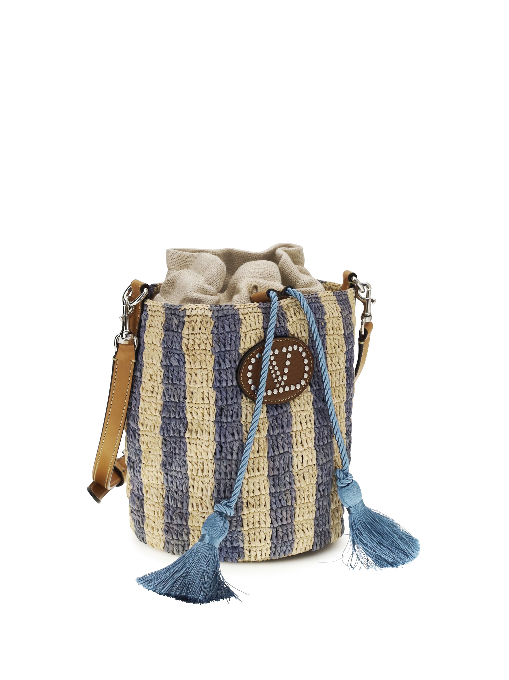 striped raffia bucket bag