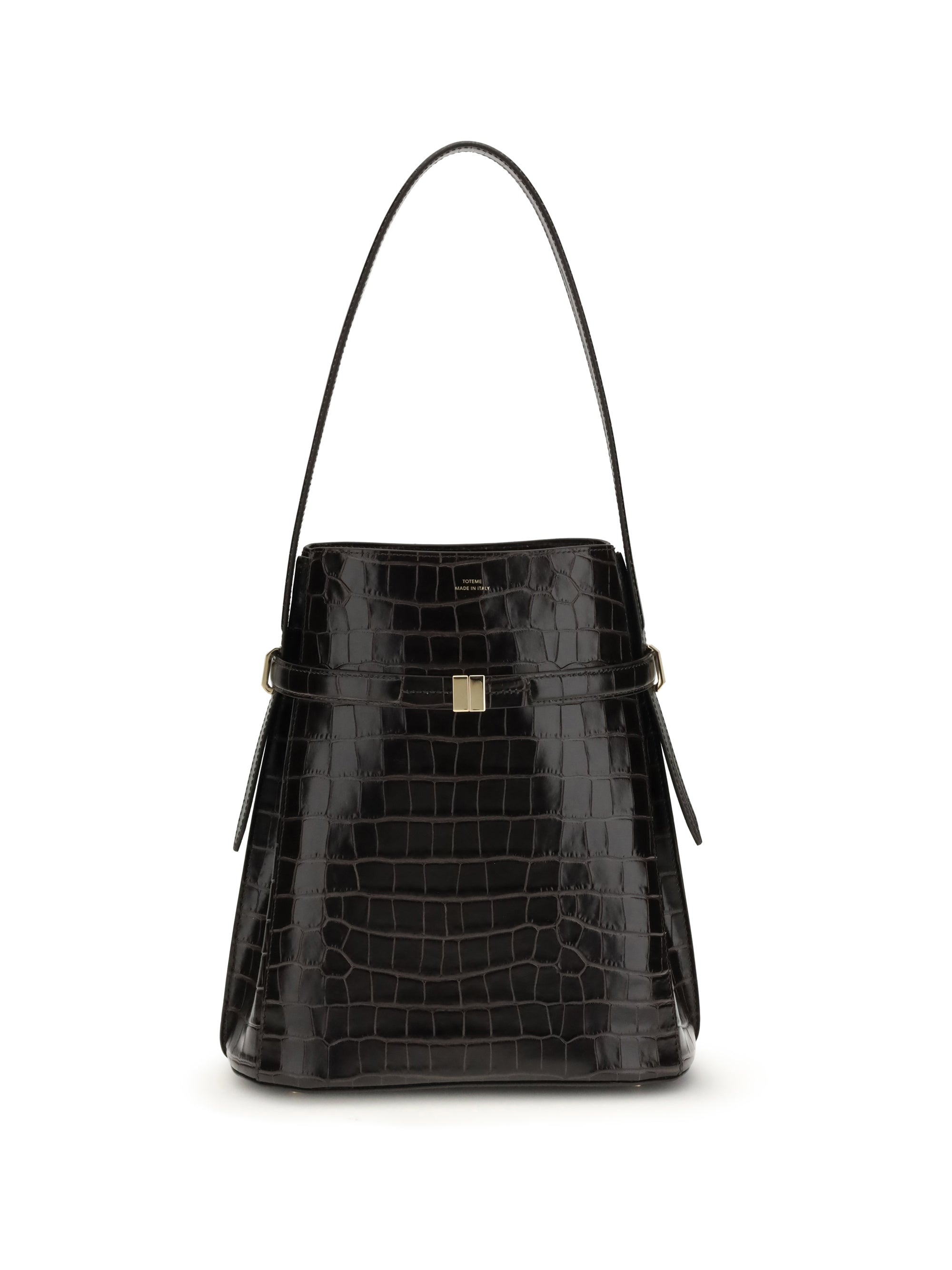 belted croco-embossed bucket bag