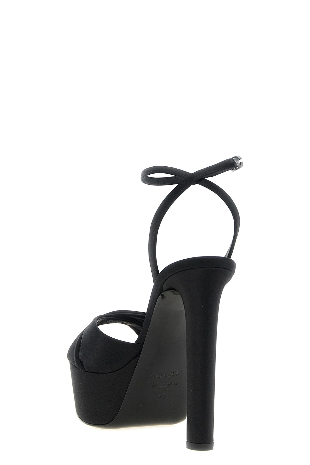 the le silla odette sandals in fine black satin define a sculptural and imposi