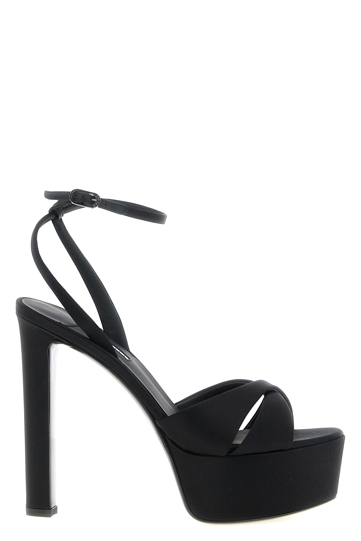 the le silla odette sandals in fine black satin define a sculptural and imposi